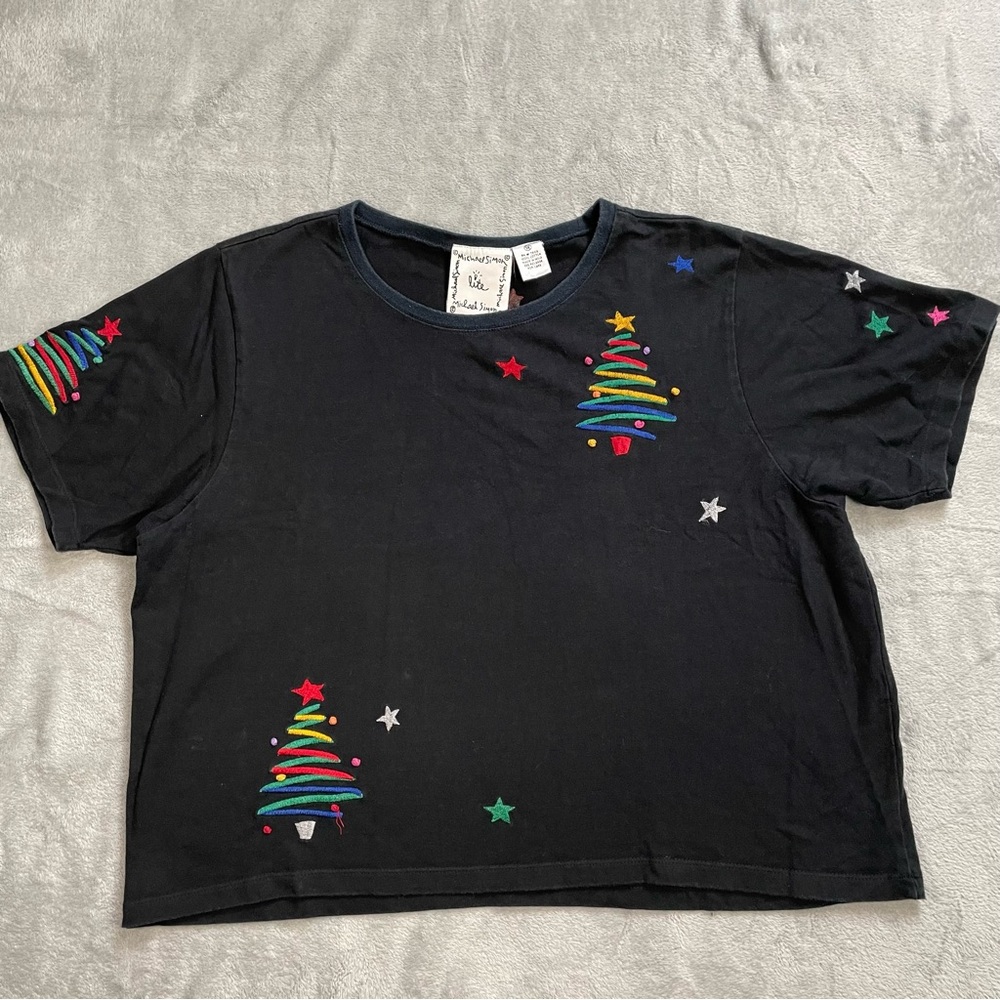 Michael Simon Lite Shirt 1X Christmas Trees Star Holiday Black Tee Boxy
